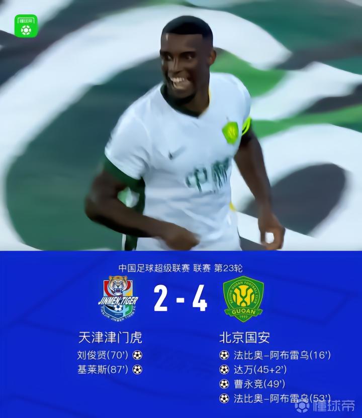 国安客场4-2战胜津门虎,法比奥表现出色